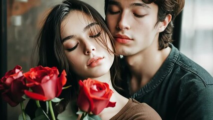 A young Caucasian man with curly brown hair embraces a young Hispanic woman with long dark hair. They hold red roses in a softly lit indoor setting. Generative 4k video. - Powered by Adobe