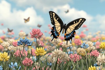 Majestic Swallowtail Butterfly Hovering Over Vibrant Spring Flowers in a Sunny Meadow