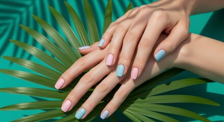 Fototapeta premium Manicured hands with pastel nail polish on green leaf
