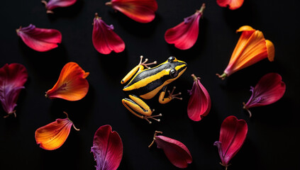 Vibrant yellow-striped frog arranged with colorful flower petals on a dark background, a striking composition of a tropical frog and vibrant petals