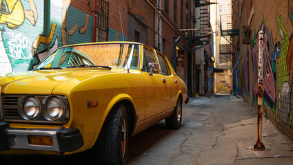 Yellow vintage car parked in a narrow graffiti alley