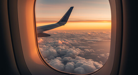 Obraz premium Sunset Window Seat View from Airplane with Soft Clouds and Wing Silhouette