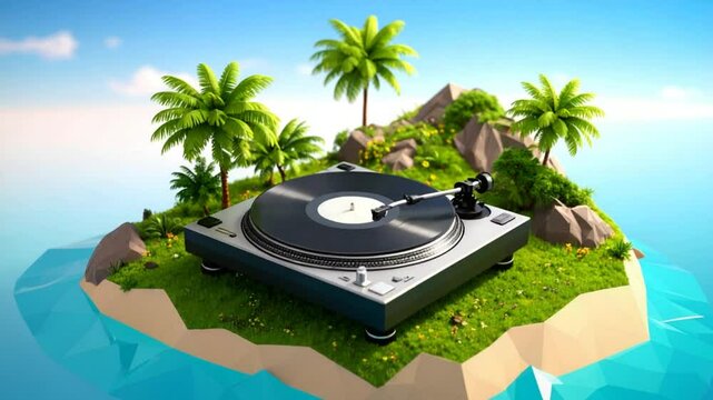 Turntable on tropical island illustration