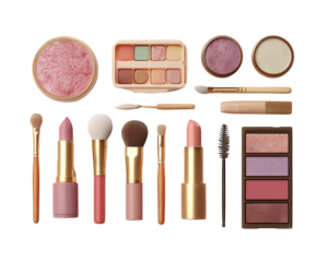 Cosmetic items: brushes, palettes, and lipstick