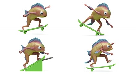 Naklejka premium Fish cartoon skateboarding illustration