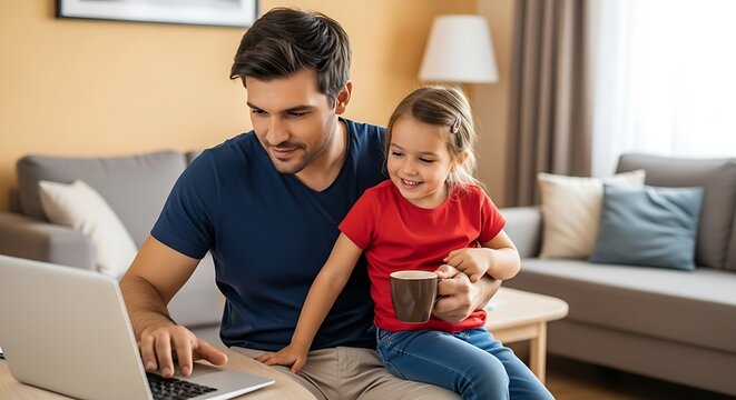 Father and daughter enjoying working and learning together on a laptop at home family bonding time