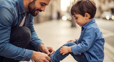 Caring father tying shoelaces for his happy young son outdoors on a sunny day showing family bonding love and childhood moments