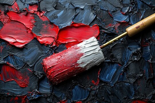 Abstract art, vibrant red and blue paint, textured surface,  paint roller