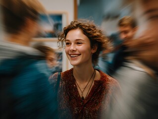 A joyful young woman with curly hair smiles genuinely amidst a crowd of blurred people at a social gathe.