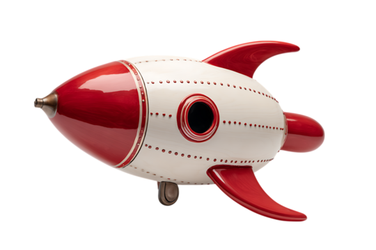 Retro rocket shaped birdhouse, red and white.