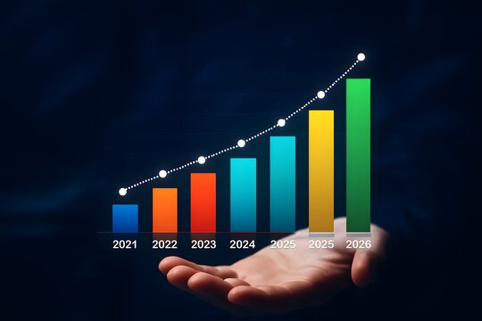 A digital bar chart with a white dotted line graph overlay, showcasing data from 2021 to 2026. The multi-colored bars (blue, orange, red, cyan, yellow, green) represent growth and progress. The chart  - Powered by Adobe