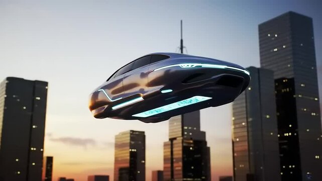 Futuristic hover car soaring above a modern city skyline at sunset, showcasing advanced technology and innovation