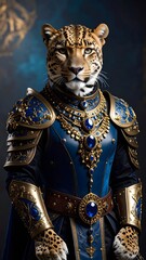 Regal tiger dressed in warrior armor with sapphire bracelet in an abstract artistic style