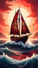 Vibrant sailor at sea in tribal tattoo style with dramatic reds and bold contrasts