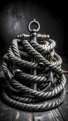 A rope and anchor artistically arranged on a wooden table in steampunk tattoo style © Power Of Future