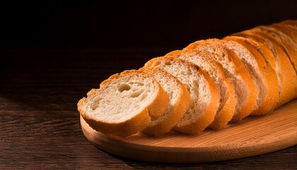 baguette bread sliced at wood plate at dark background