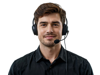 A smiling man wearing a headset, providing customer service, isolated on transparent background