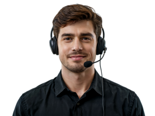 A smiling man wearing a headset, providing customer service, isolated on transparent background