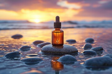 Amber dropper bottle atop smooth stones at sunset seashore