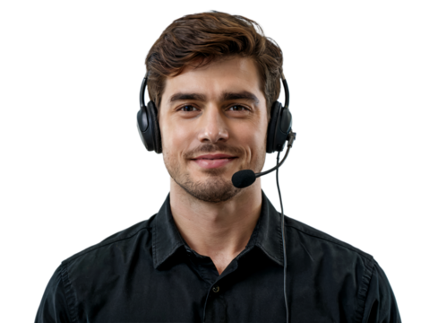 A smiling man wearing a headset, providing customer service, isolated on transparent background - Powered by Adobe