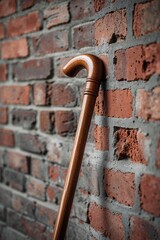 Elegant wooden cane leaning against a rustic brick wall in a minimalist style