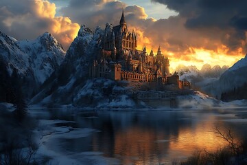 Majestic Castle with Winter Sunset. (4)