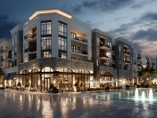 Beautiful upscale apartment building with restaurant and water feature glows at twilight in urban setting.