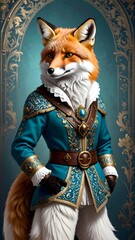Regal fox dressed in cashmere sweater and leather belt as a majestic king in rococo style