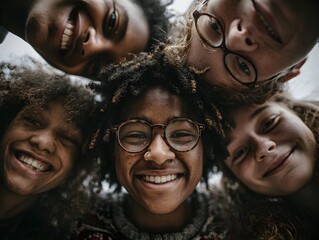 Diverse group of young adults huddled closely together smiling joyfully in a spontaneous and cheerful moment.