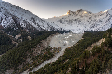 Majestic Snow-Clad Peak Rising Over Forested Slopes
