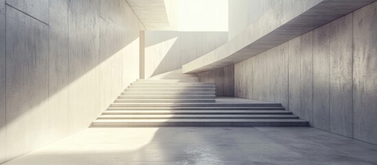 Empty concrete hallway with stairs. Sunlight streams in
