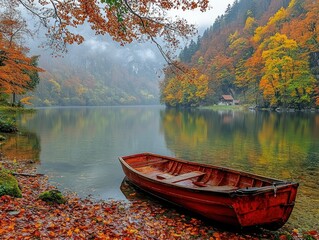 Autumnal lake scene with a red rowboat. Tranquil, misty landscape of a lake with colorful autumn foliage bordering the water. A wooden rowboat sits peacefully on the shore