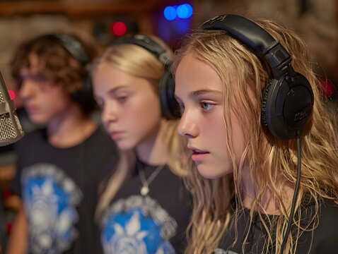 A group of young aspi musicians attentively record vocals in a professional recording studio environment. - Powered by Adobe