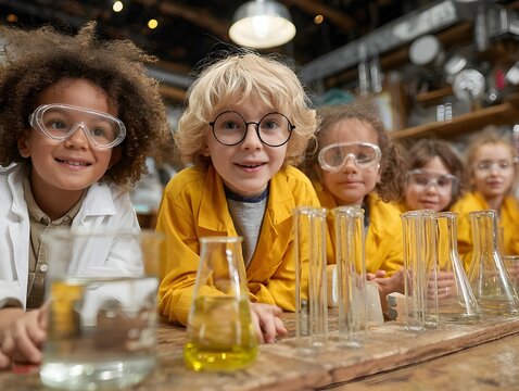 Diverse young children in lab coats and safety goggles experiment with beakers in a science class setting.