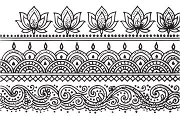 Detailed Black and White Henna Mandala Style Floral Pattern with Geometric Designs and Decorative Borders Indian Culture Background
