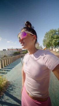Energetic and Enthusiastic Young Woman in Stylish Sportswear Enjoying Outdoor Fitness Activities