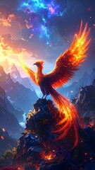 Fototapeta premium Legendary bird with wings outstretched gliding over towering mountain in fantasy realm