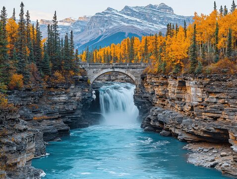 Autumnal waterfall cascading into a turquoise river, framed by a stone arch bridge and colorful aspen trees, with snow-capped mountains in the background