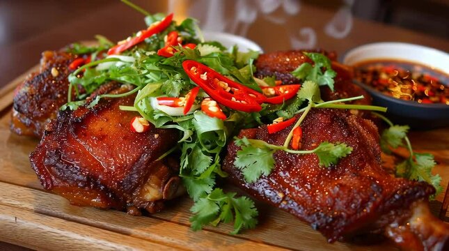 Crispy pork knuckle with herbs and chili. Thai-style dish served with dipping sauce