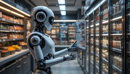A futuristic robot examines a digital display in a grocery store aisle filled with refrigerated products.