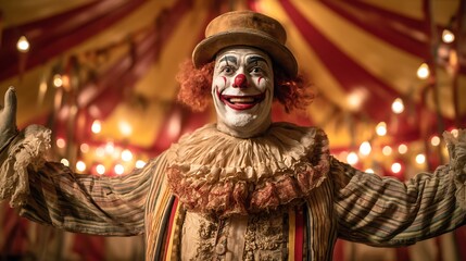 Obraz premium Smiling Clown with Open Arms Welcoming Audience to Big Top Circus