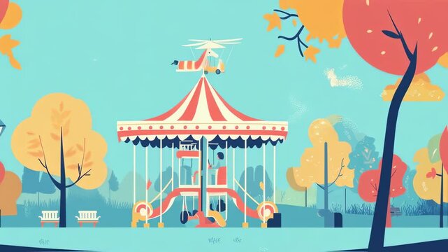 Captivating carousel and playground illustration video in a playful stylized park