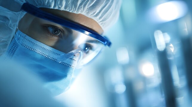 Intense Close-Up of Healthcare Worker in Full Protective Gear Amidst Blue Tones