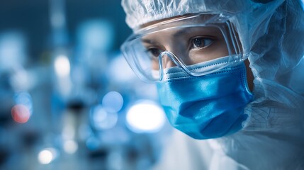 Intense Close-Up of Healthcare Worker in Full Protective Gear Amidst Blue Tones
