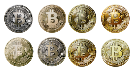 Various Bitcoin Coins Displayed in Different Colors and Textures, isolated on transparent background