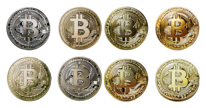 Various Bitcoin Coins Displayed in Different Colors and Textures, isolated on transparent background