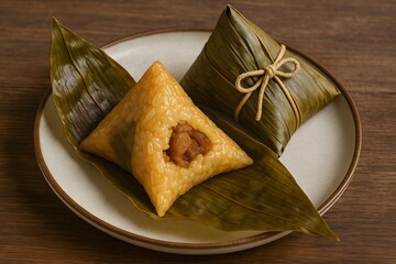 Delicious Zongzi Dumplings on a Plate Traditional Asian Cuisine with Sticky Rice and Filling