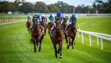 Exciting Horse Race in Action with Jockeys on a Green Track
