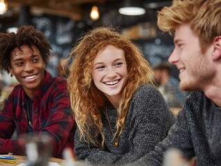 Three diverse young adults smile and laugh together at a table in a brightly lit and modern cafe setting.