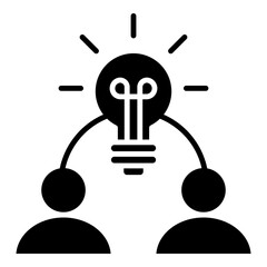 Innovative collaborate and teamwork represented by a solid glyph style icon of a lightbulb connecting two people